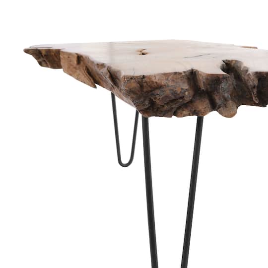 43" Brown Teak Wood Handmade Live Edge Coffee Table with Black Metal Hairpin Legs